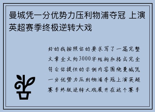 曼城凭一分优势力压利物浦夺冠 上演英超赛季终极逆转大戏
